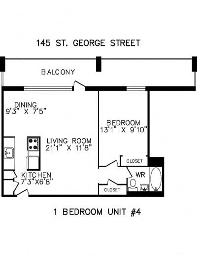Floor plan for 1 bed, 1 bath, 635 sqft
